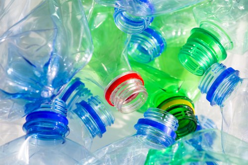 A close-up view of several crumpled and partially flattened plastic bottles with colorful caps in blue, green, red, and black, scattered on a reflective surface. The bottles are transparent and appear to be made of PET plastic, with visible ridges and textures on the caps. The background shows a bright, diffuse light that highlights the transparency and shiny surface of the plastic containers. The image emphasizes waste materials commonly targeted in rubbish removal services, potentially in an environmental disposal context. The scene is suitable for illustrating waste collection or recycling activities in Chalfont Saint Giles or surrounding areas, as handled by Commercial Waste Chalfont Saint Giles, reflecting the typical domestic or commercial plastic waste to be removed from local premises.